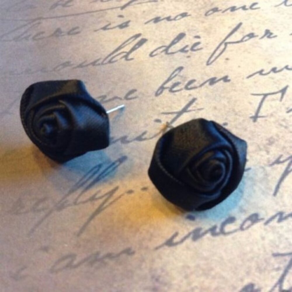 Black Satin Rosebud Flower Fabric Stud Earrings